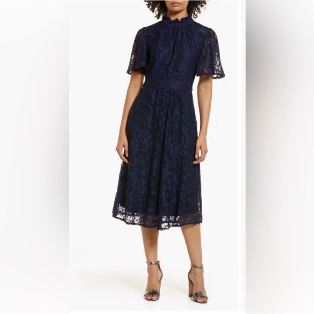 julia jordan Navy Lace Midi Dress with Short Sleeves